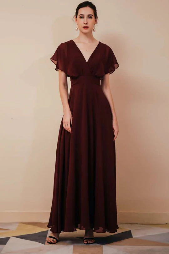 Burgundy Chiffon V-Neck Dress with Ruffled Sleeve